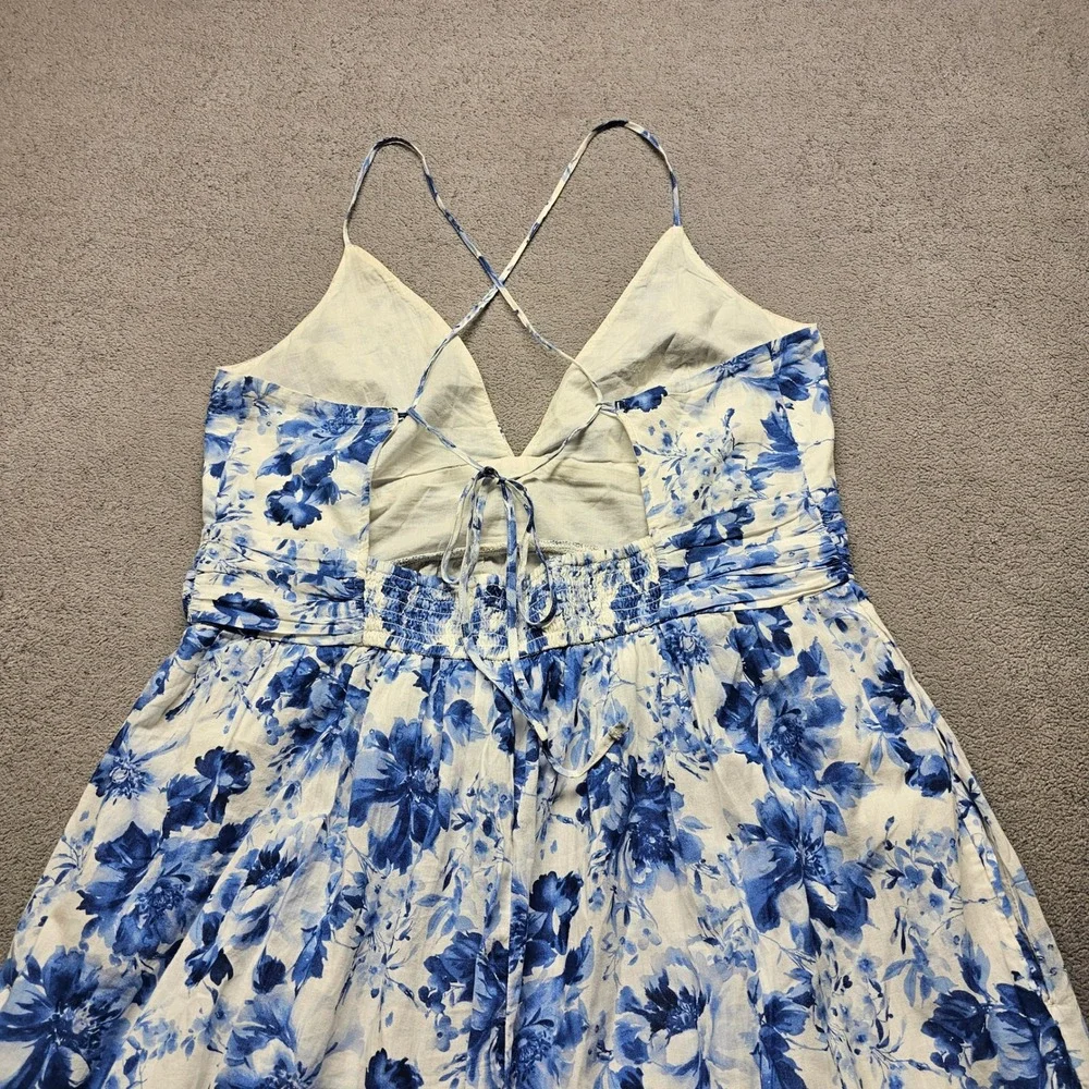 Abercrombie & Fitch Dress Womens LT Maxi Blue Floral Linen Blend EUC